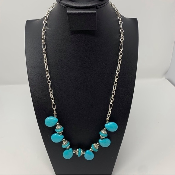 Silver Toned Chain Faux Turquoise Stone Necklace - Picture 1 of 5